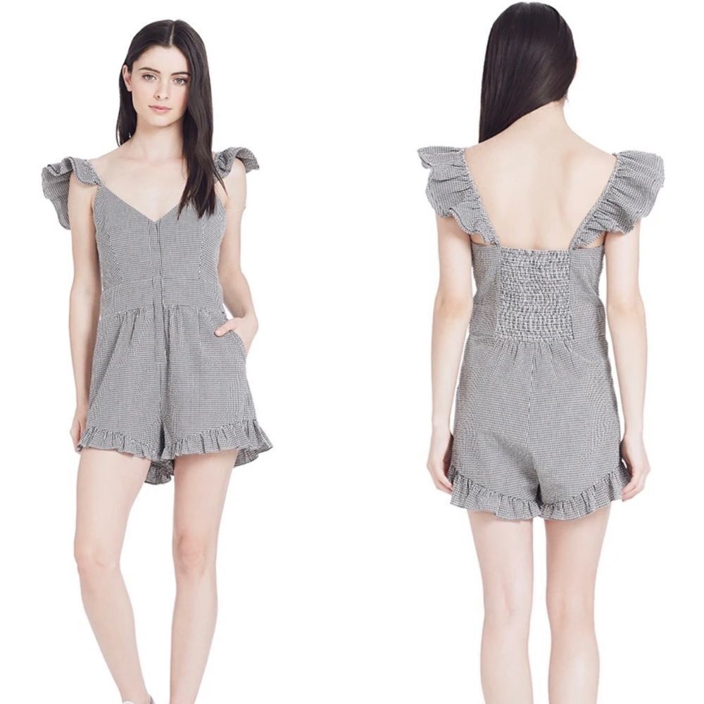 NEW LOVESHACKFANCY Revole Lucy black and white gingham ruched back romper 0